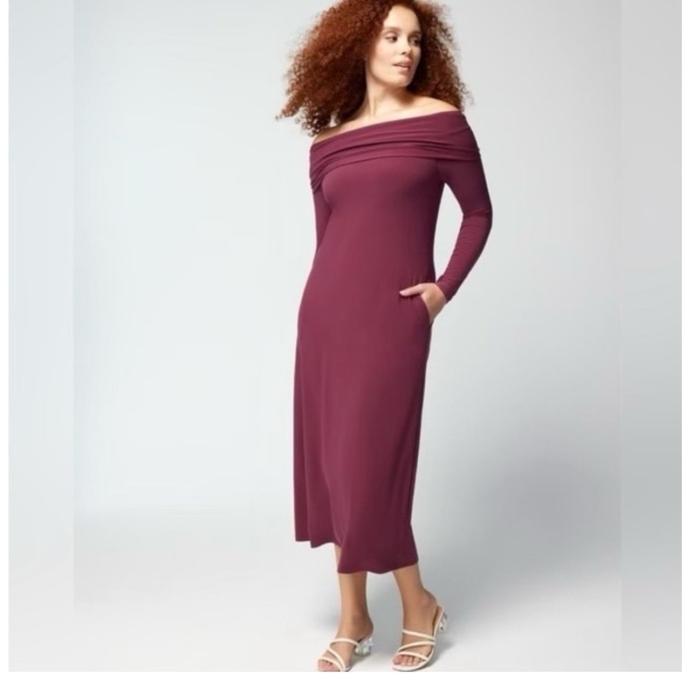 Soma Matte Jersey Midi Bra Dress Burgundy Off Shoulder Long Sleeve Pockets M